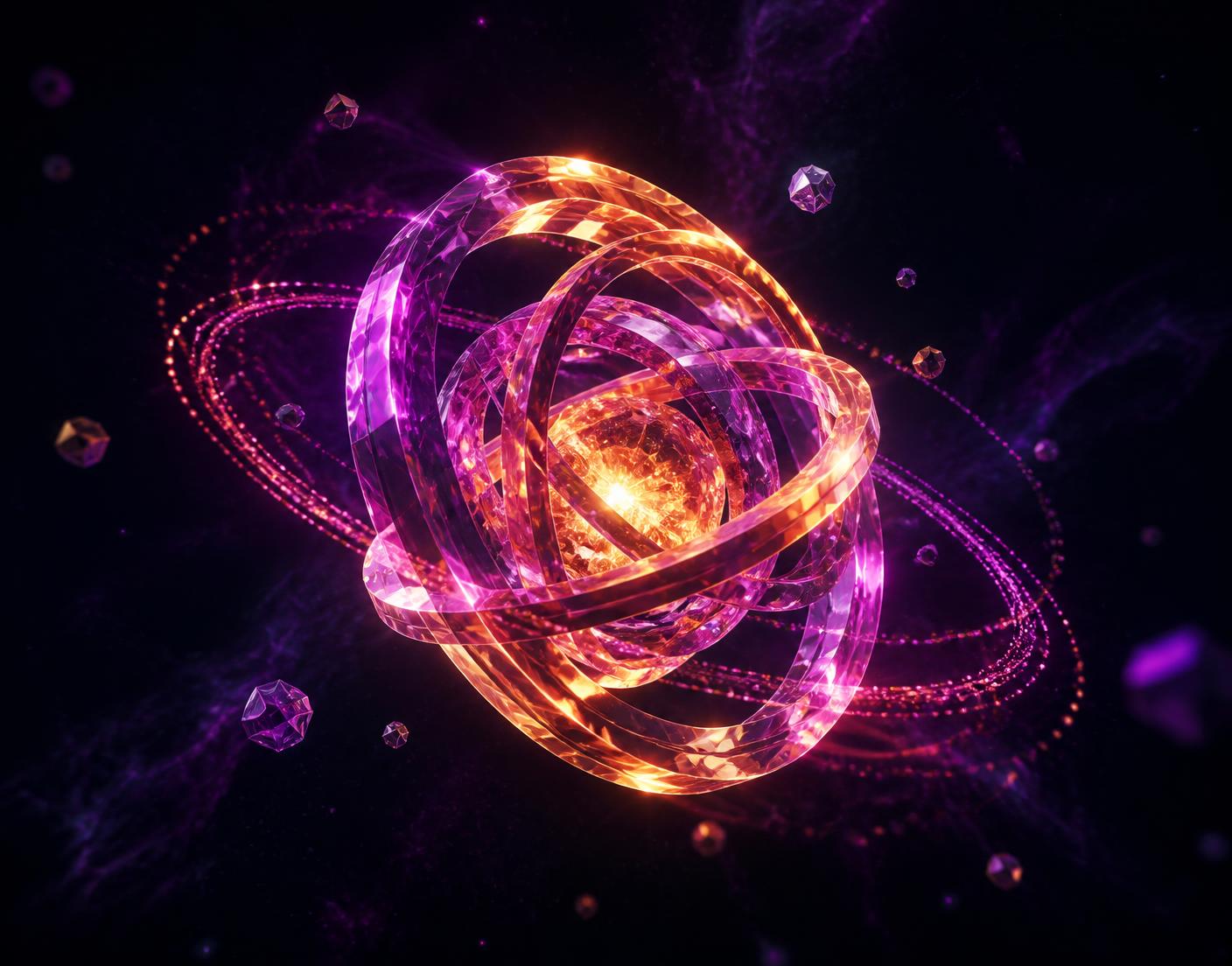 Glowing crystalline Flare token orb orbited by particle streams
